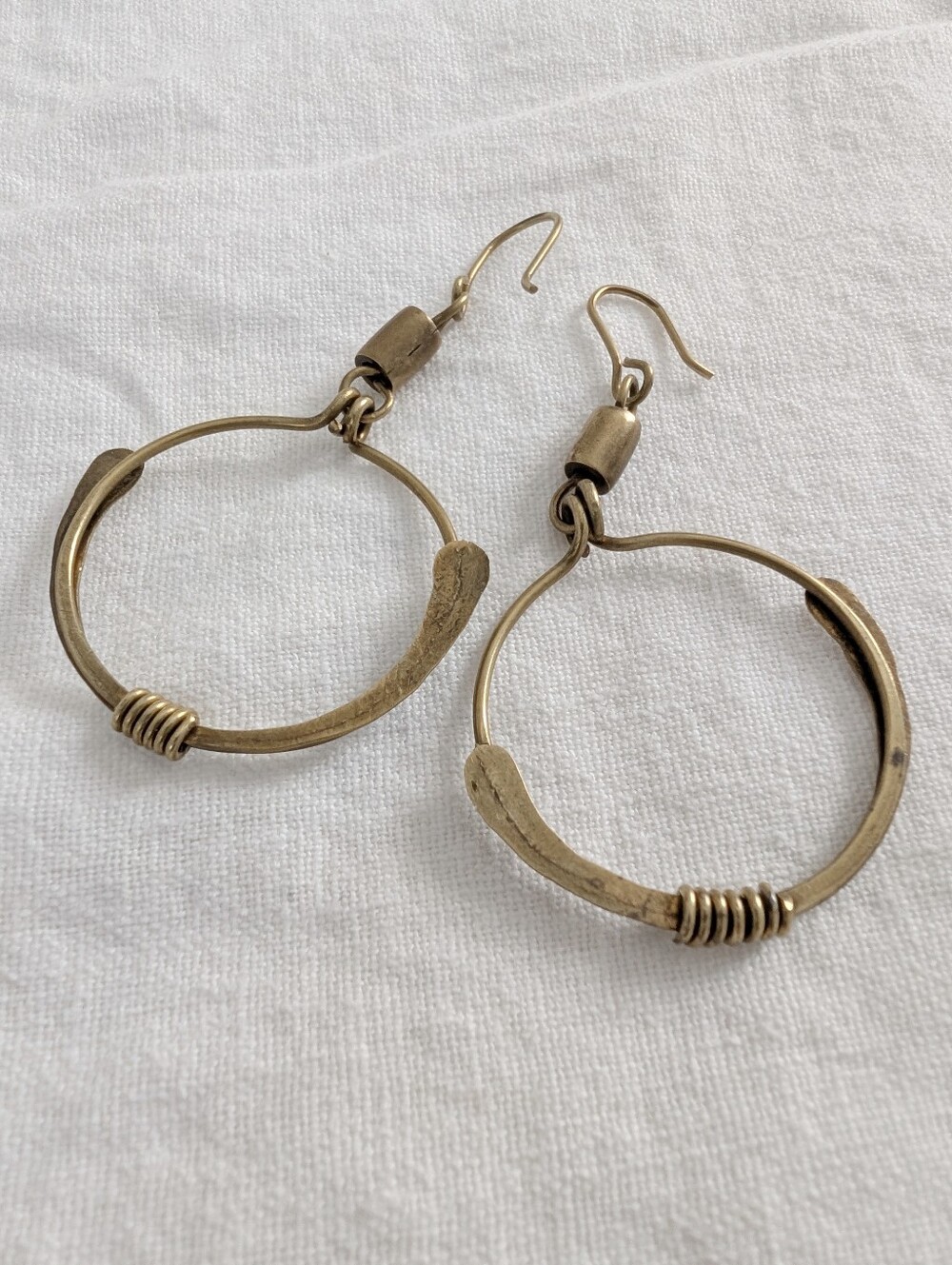 VINTAGE Brass Hoop Boho Earrings Dangling Hammered Artisan Kenya 1980 Jewelry